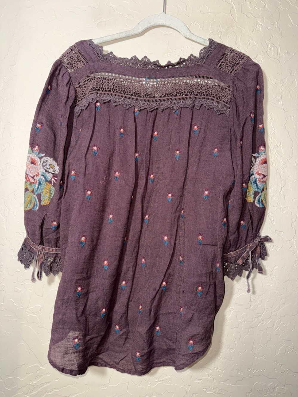 Sundance embroidered floral lace detail square neck blouse linen cotton blend XL - Picture 6 of 8